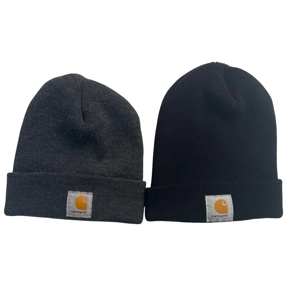 Carhartt Watch Hat Beanie Bundle Black and Charcoal Grey Ribbed Knit Caps 2 Pack